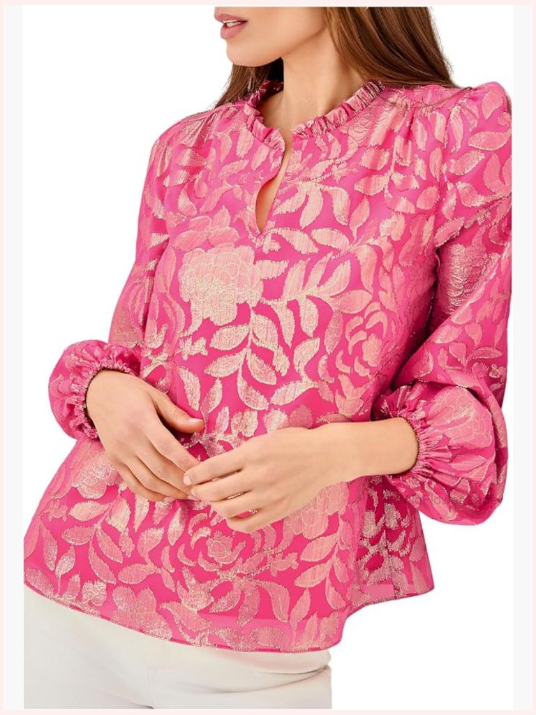 Long Sleeve Silk Peasant Blouse Notch Neck Ruffle Top